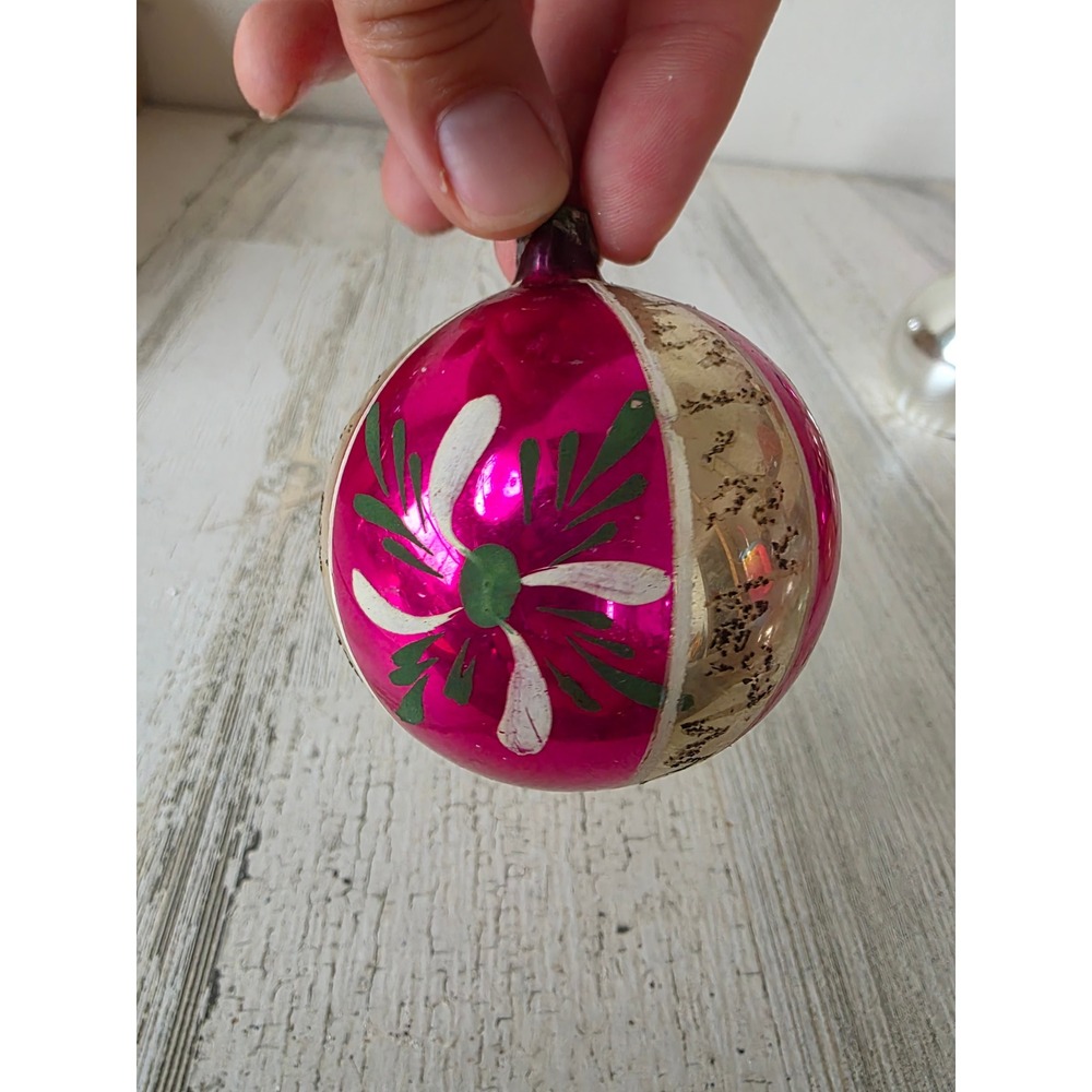 Vintage Poland pink flower striped mercury glass ornament Mica Xmas tree